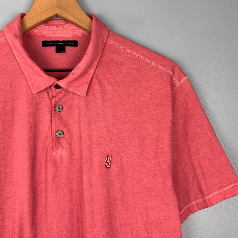 John Varvatos Men's Large Pink Peace Sign Embroidered Short Sleeve Polo Shirt